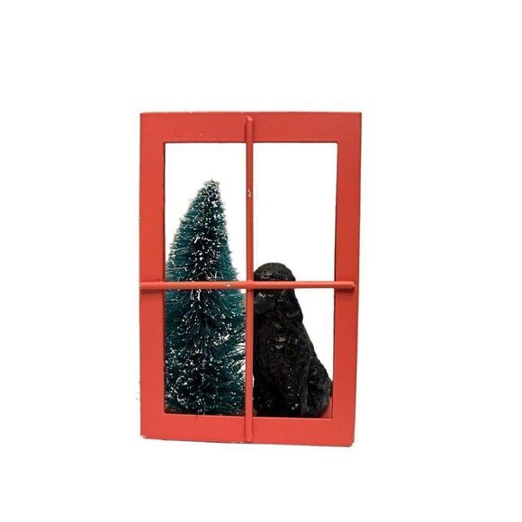 Black Poodle Bottle Brush Christmas Tree Dog in Window Figure Decor Vtg - Picture 1 of 3